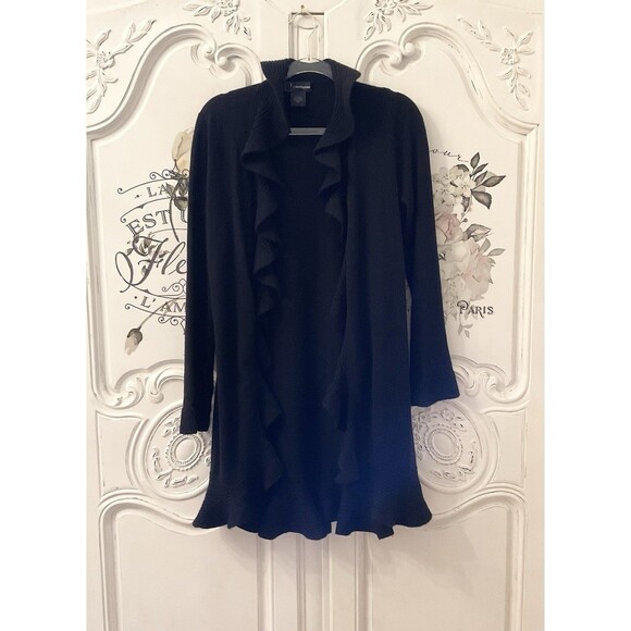 Bloomingdale’s Sweater Women's L Black Cardigan Long Ruffled Wool Cashmere Blend - Picture 3 of 14